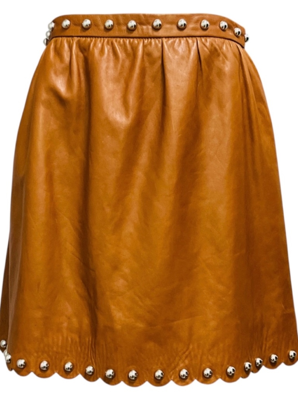 RED VALENTINO TAN / SILVER STUD EMBELLISHED LAMBSKIN LEATHER SKIRT